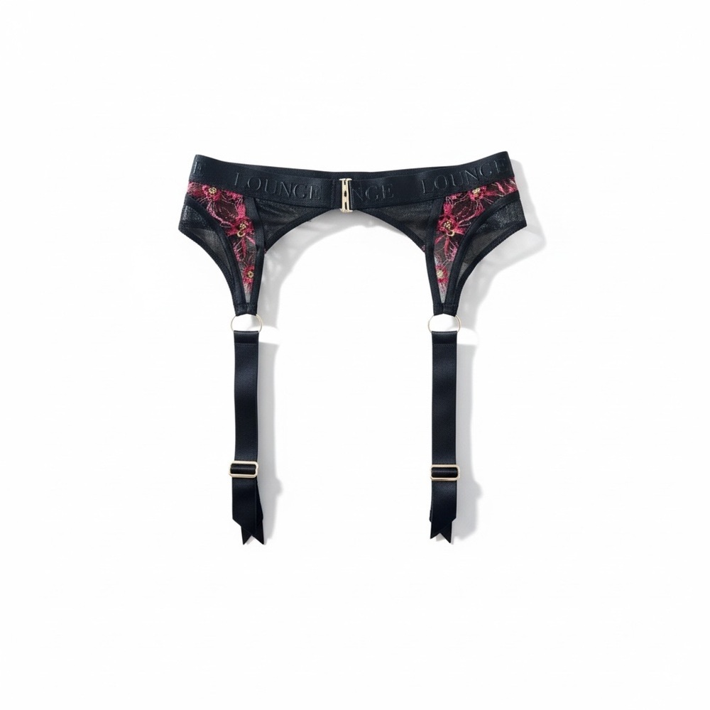 Lounge Black Embroidered Floral Garter Belt Intimates M